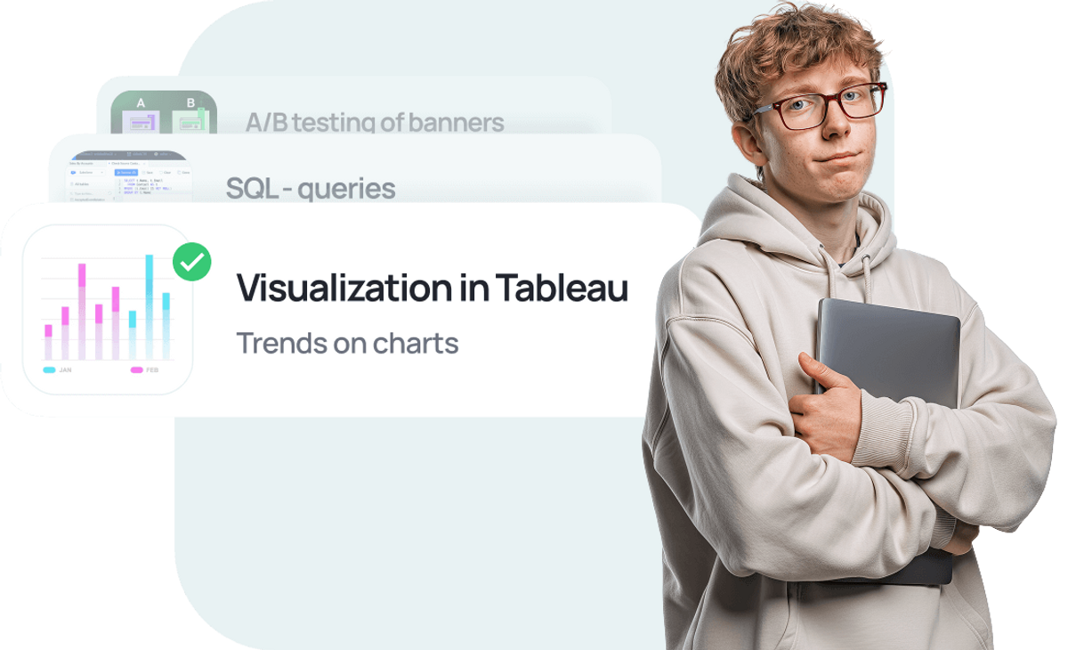 Background image with a person holding a laptop and career consultation interface